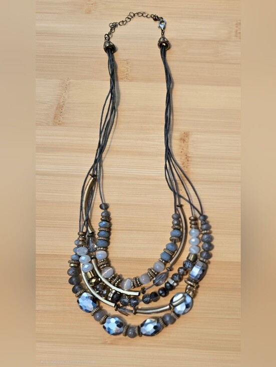 Christopherand Banks Jewelry - Whimsigoth Layered Multi Strand Necklace Bronze Curved Bar Gray Beaded Bib Boho